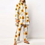 Two Piece Fashion Lapel Printed Long Sleeve Top Pant Set