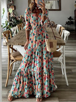 Fashion Chic V Neck Spring Summer Maxi Dress Loose Casual Ruffle A-Line Dress Elegant Floral Printed Women Half Sleeve Dresses