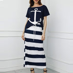 Summer Striped Dress Women Casual Sexy Slash Ankle-Length Slim Dresses Female Off Shoulder Blouses T-shirt &amp; Maxi Dress 2 Pieces