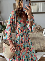 Fashion Chic V Neck Spring Summer Maxi Dress Loose Casual Ruffle A-Line Dress Elegant Floral Printed Women Half Sleeve Dresses