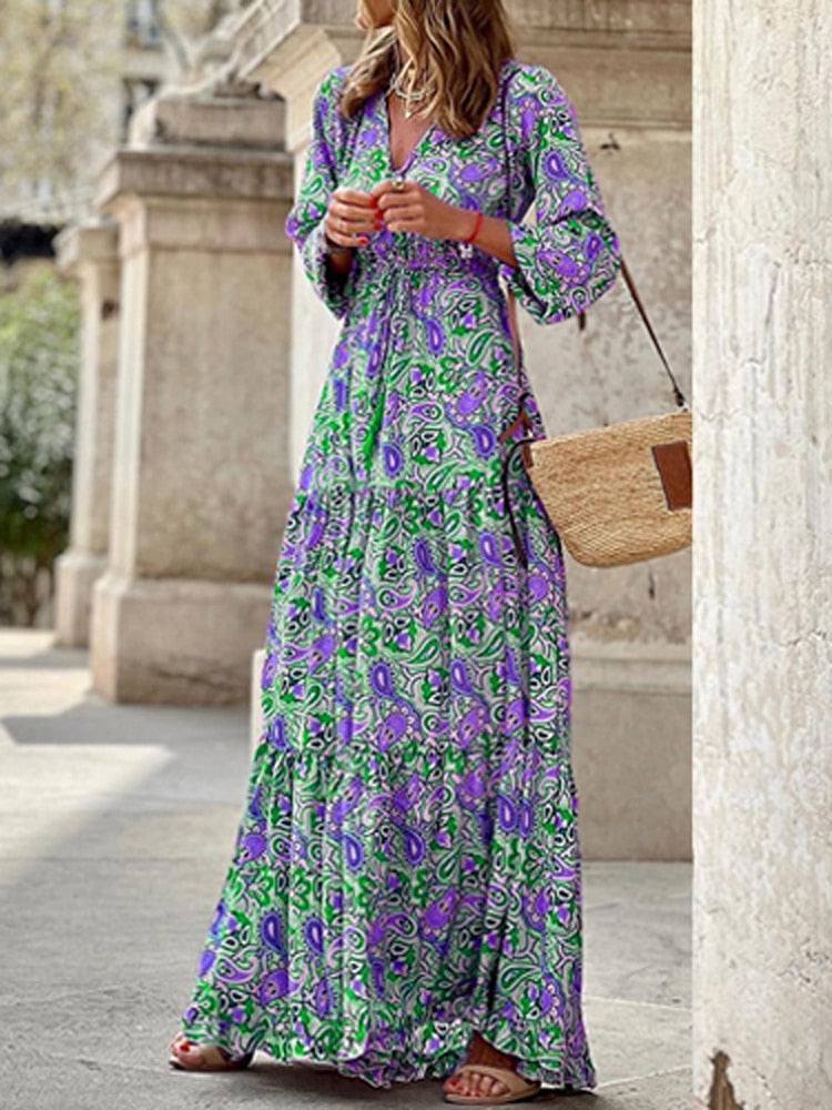 Fashion Chic V Neck Spring Summer Maxi Dress Loose Casual Ruffle A-Line Dress Elegant Floral Printed Women Half Sleeve Dresses