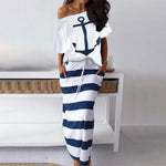 Summer Striped Dress Women Casual Sexy Slash Ankle-Length Slim Dresses Female Off Shoulder Blouses T-shirt &amp; Maxi Dress 2 Pieces