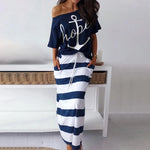 Summer Striped Dress Women Casual Sexy Slash Ankle-Length Slim Dresses Female Off Shoulder Blouses T-shirt &amp; Maxi Dress 2 Pieces