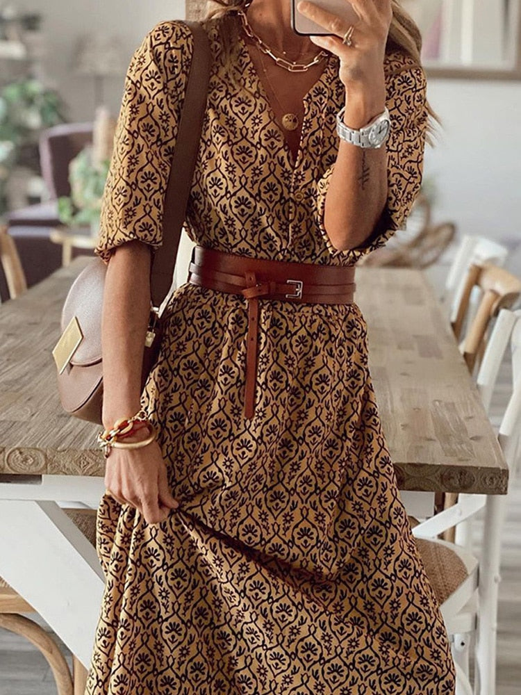 Fashion Chic V Neck Spring Summer Maxi Dress Loose Casual Ruffle A-Line Dress Elegant Floral Printed Women Half Sleeve Dresses