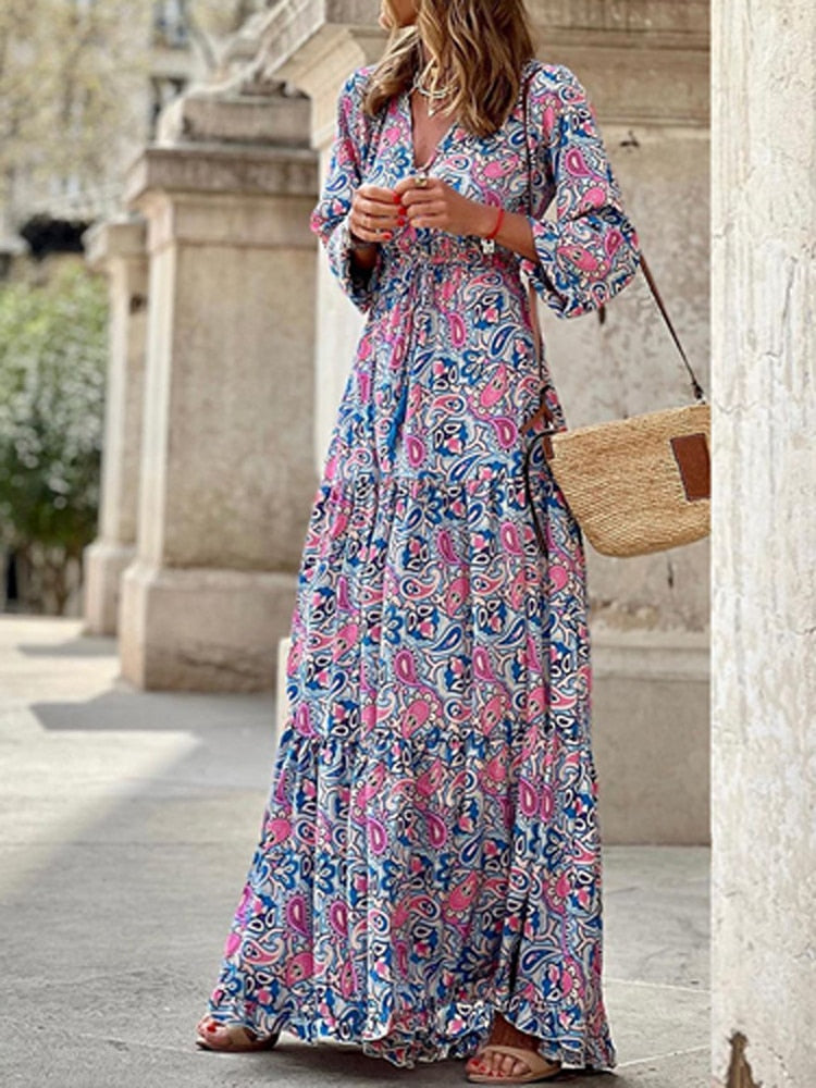 Fashion Chic V Neck Spring Summer Maxi Dress Loose Casual Ruffle A-Line Dress Elegant Floral Printed Women Half Sleeve Dresses