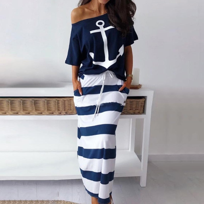 Summer Striped Dress Women Casual Sexy Slash Ankle-Length Slim Dresses Female Off Shoulder Blouses T-shirt &amp; Maxi Dress 2 Pieces