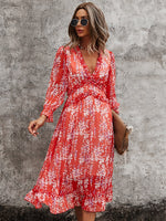 Sexy Floral Print Butterfly Sleeve High Waist Midi Dress