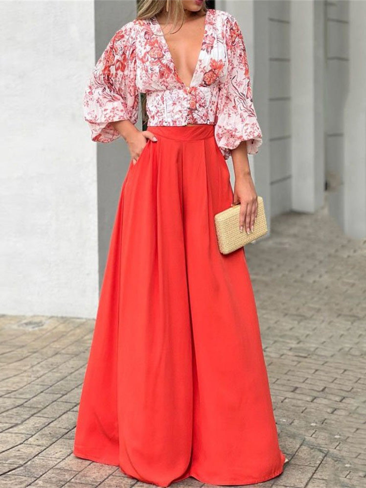 Women's Sets V-Neck Puff Sleeve Print Top & Wide Leg Pants Two-Piece Set