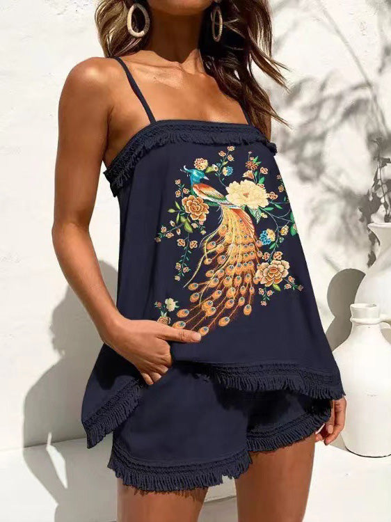 Women's Sets Printed Sling Top & Shorts Fringed Two-Piece Set