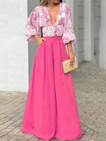 Women's Sets V-Neck Puff Sleeve Print Top & Wide Leg Pants Two-Piece Set