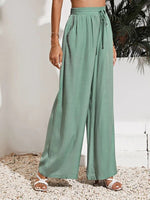 Women's Pants Casual Solid Elastic Waist Tie Wide Leg Pants