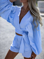 Women's Sets Solid V-Neck Tie Shirt & Shorts Two-Piece Set