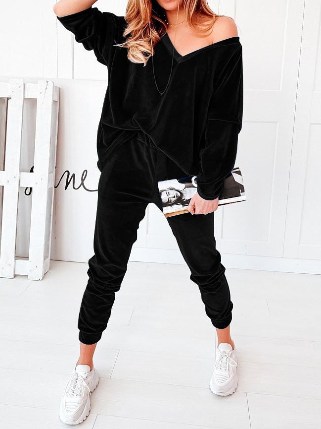 Women's Sets Solid Velvet V-Neck Long Sleeve Casual Two Piece Suit