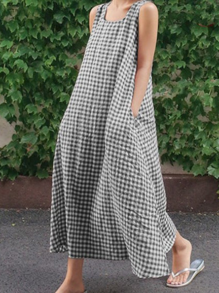 Women's Dresses Loose Check Pocket Sleeveless Maxi Dress