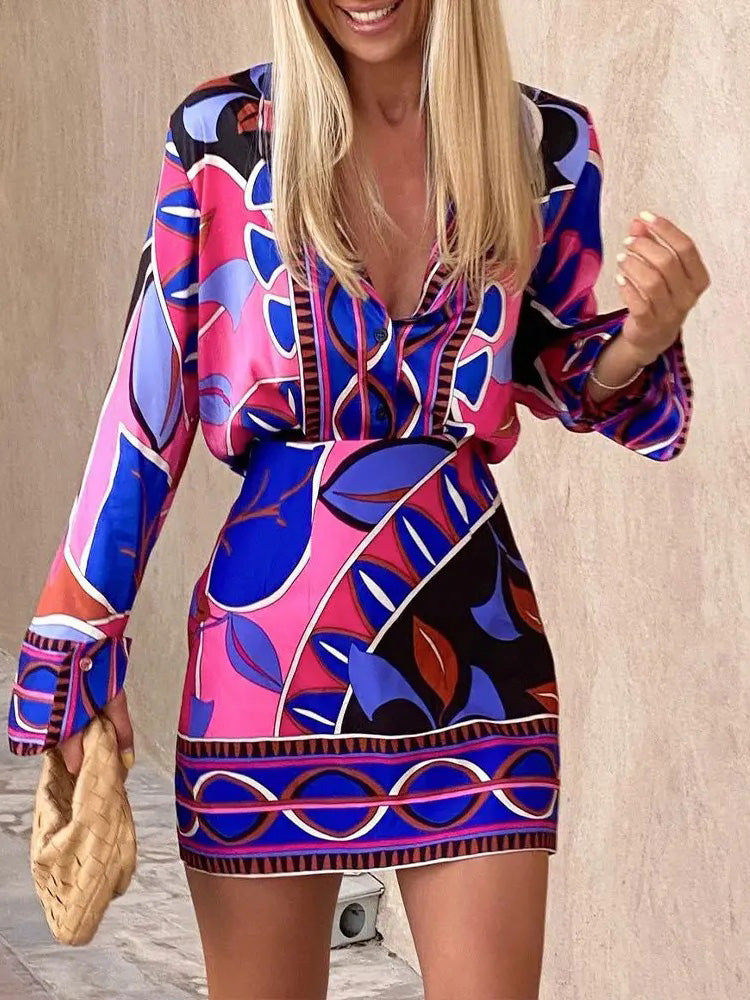 Women's Sets Printed Long Sleeve Shirt & Skirt Two Piece Set