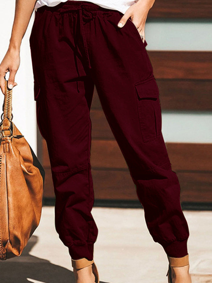 Women's Pants Solid Casual Pocket Belted Cargo Pants