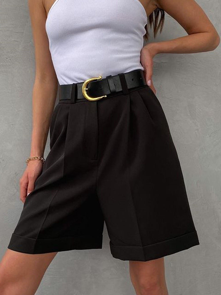 Women's Shorts Solid Zip Pocket Straight Shorts