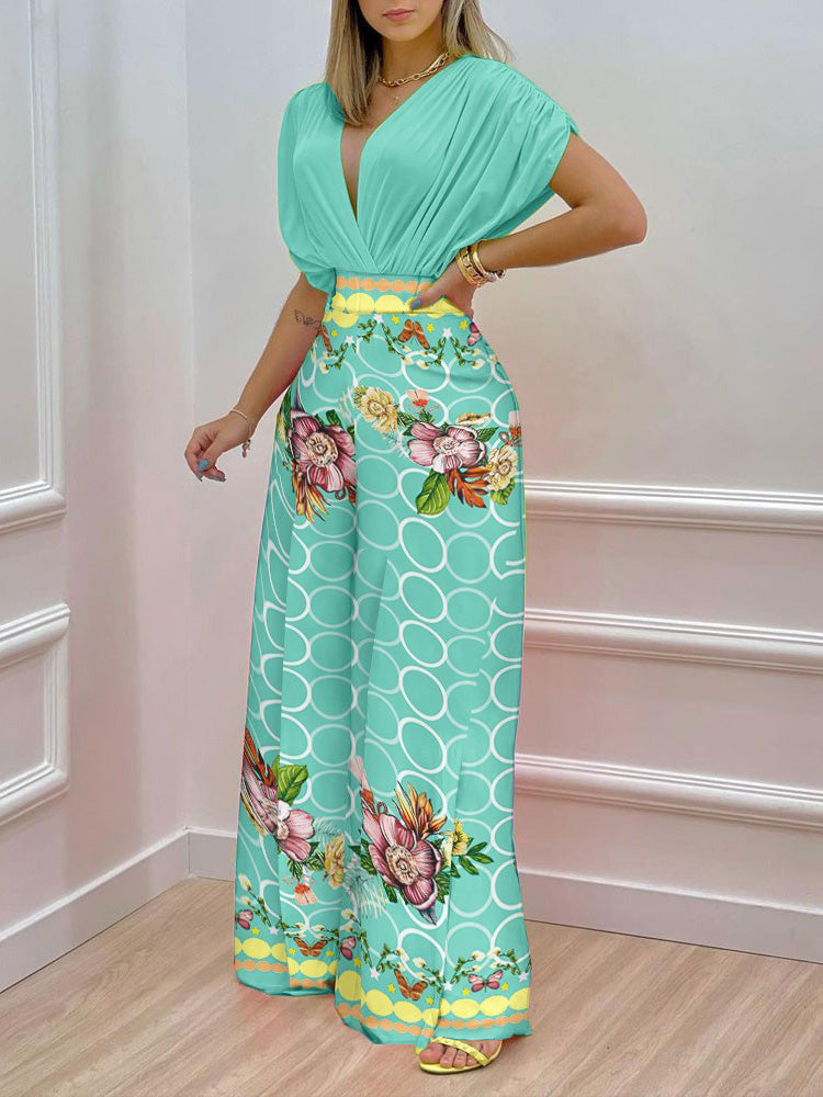 Women's Sets Doll Sleeve Top & Printed Wide Leg Pants Two Piece Set