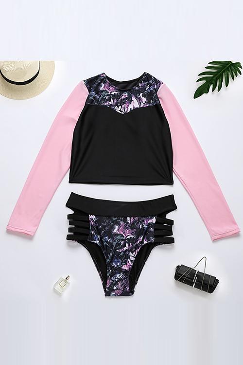 Hollow Floral Long Sleeve Bikini Set