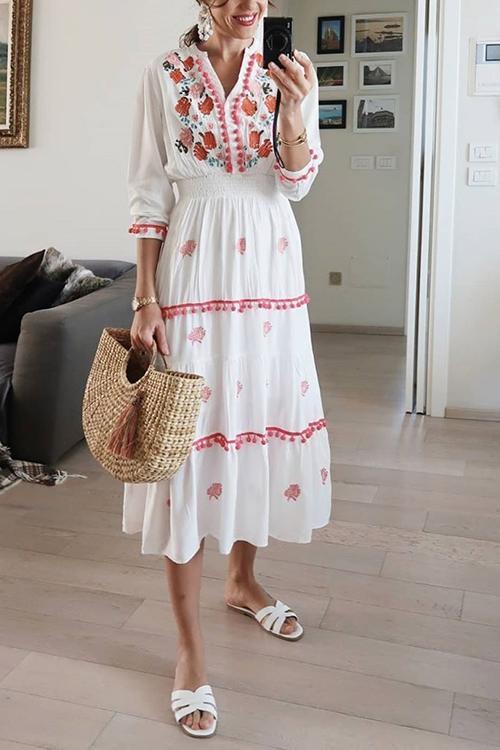 Embroidery Pom Pom Maxi Dress