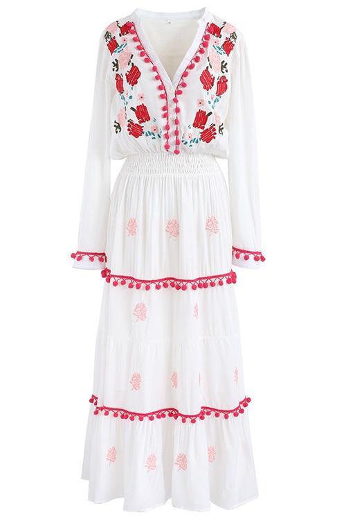 Embroidery Pom Pom Maxi Dress