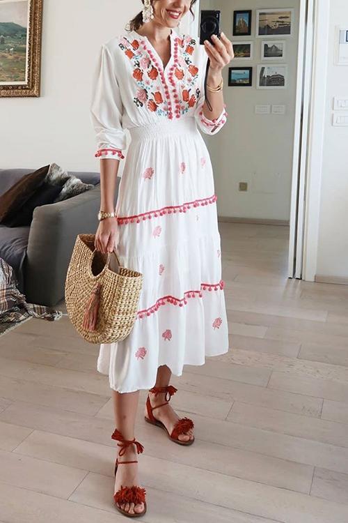 Embroidery Pom Pom Maxi Dress