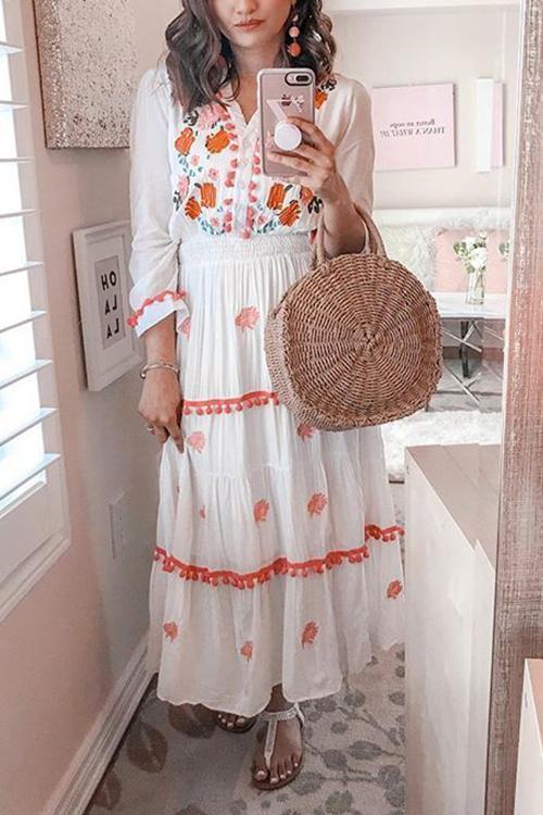 Embroidery Pom Pom Maxi Dress