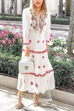 Embroidery Pom Pom Maxi Dress