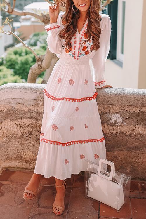 Embroidery Pom Pom Maxi Dress