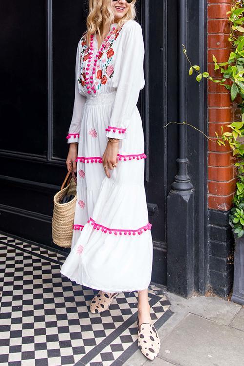 Embroidery Pom Pom Maxi Dress