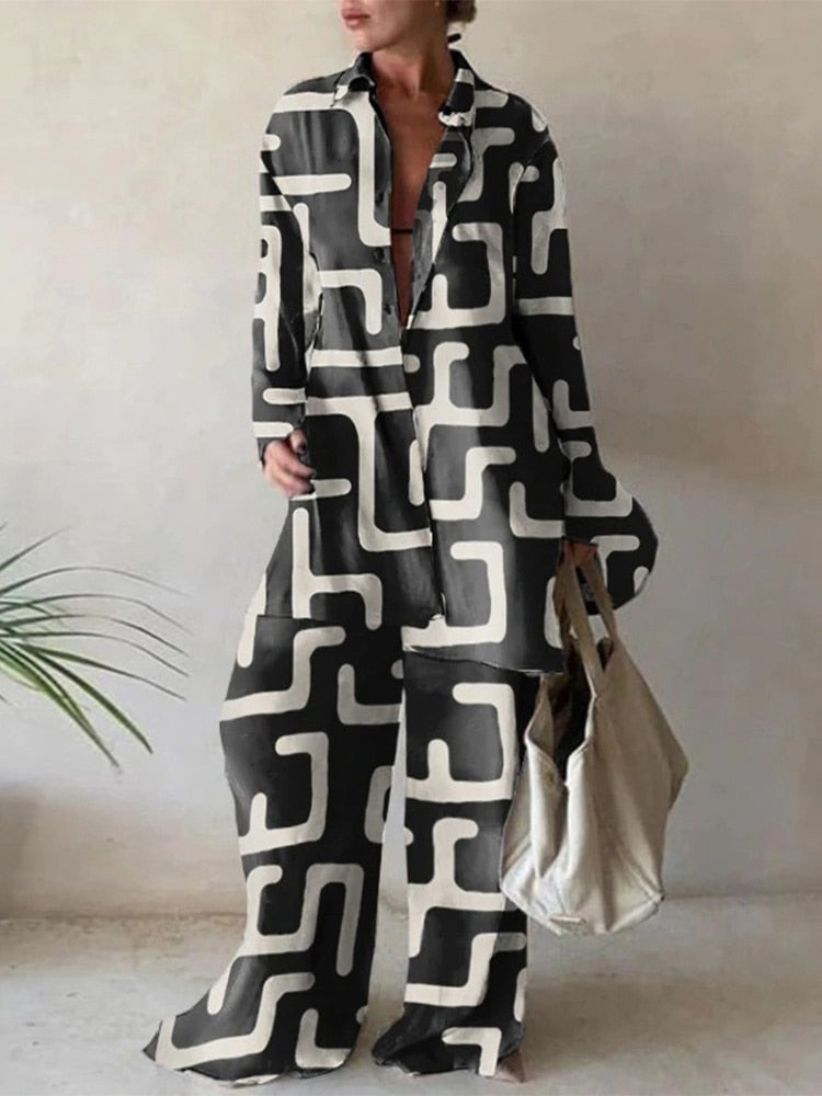 Two Piece Printed Loose Shirt Straight Pant Suit Set