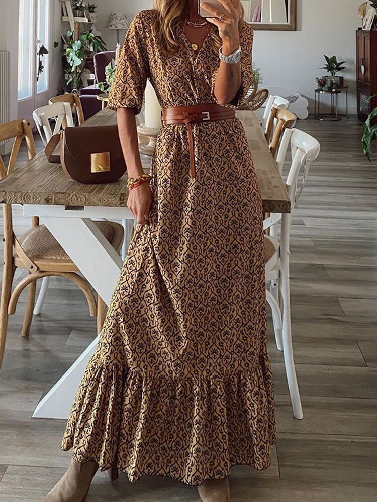 Fashion Chic V Neck Spring Summer Maxi Dress Loose Casual Ruffle A-Line Dress Elegant Floral Printed Women Half Sleeve Dresses