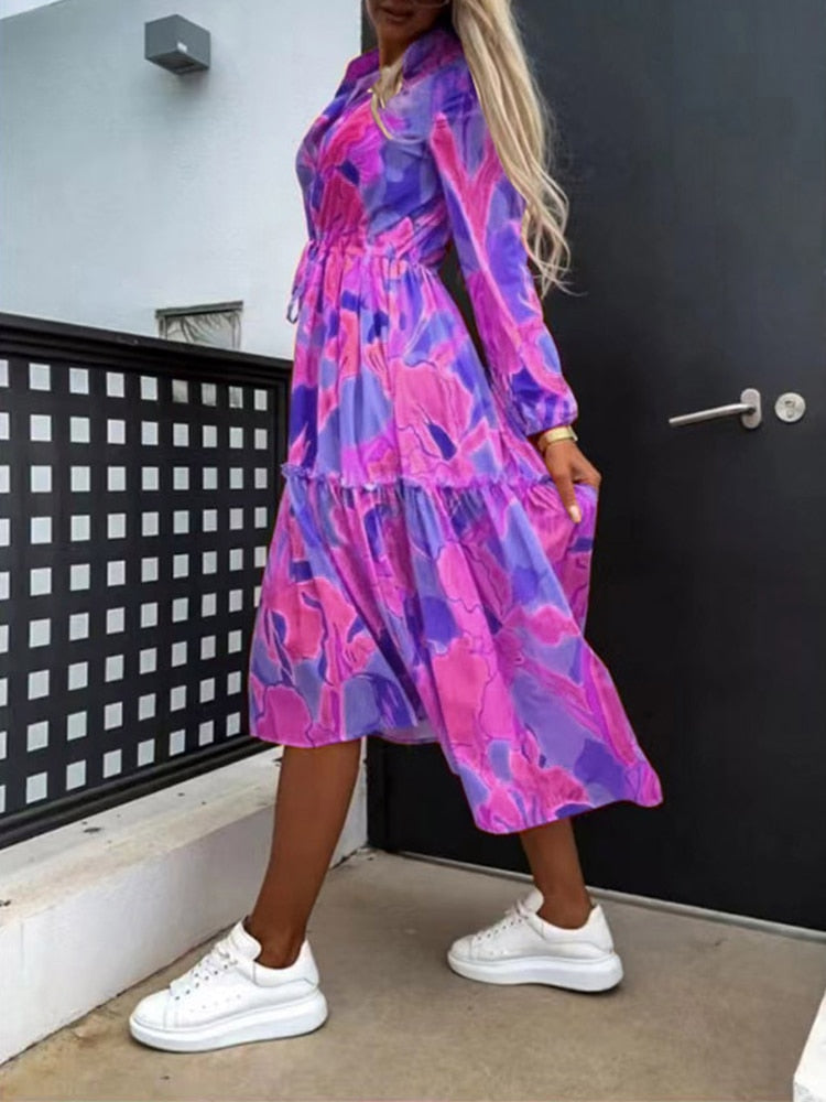 Women Fashion Turndown Collar Button Long Dress Elegant Flower Printed Shirts Dress Spring Summer Casual Long Sleeve Loose Dress