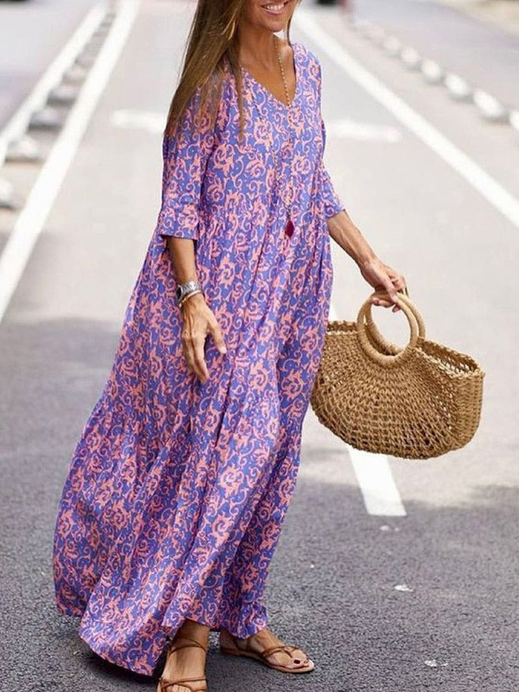 Retro Pattern Printed Half Sleeve V-Neck Dress 2022 Spring Summer Women Casual Loose Long Party Dresses Elegant Femme Maxi Dress