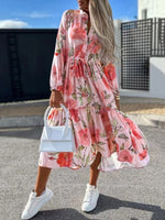 Women Fashion Turndown Collar Button Long Dress Elegant Flower Printed Shirts Dress Spring Summer Casual Long Sleeve Loose Dress