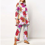 Two Piece Fashion Lapel Printed Long Sleeve Top Pant Set