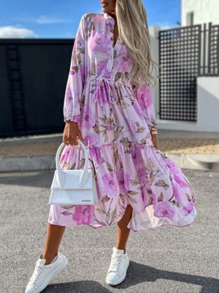 Women Fashion Turndown Collar Button Long Dress Elegant Flower Printed Shirts Dress Spring Summer Casual Long Sleeve Loose Dress