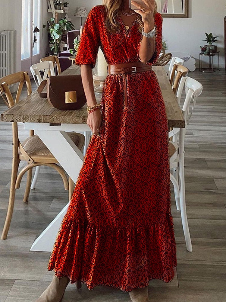 Fashion Chic V Neck Spring Summer Maxi Dress Loose Casual Ruffle A-Line Dress Elegant Floral Printed Women Half Sleeve Dresses