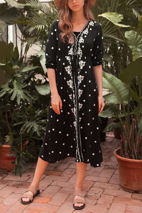 Embroidery V Neck Long Sleeve Maxi Dress