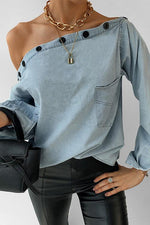 Button Dew Shoulder Denim Shirt