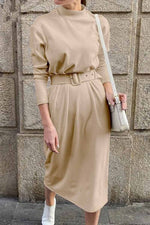 Florcoo Loose Long Sleeve Solid Color Midi Dresses