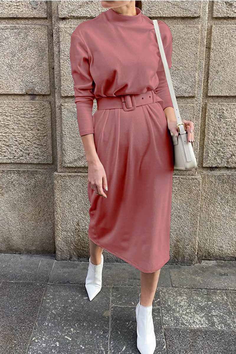 Florcoo Loose Long Sleeve Solid Color Midi Dresses