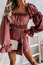 Off Shoulder Puff Sleeve Crop Shorts Set