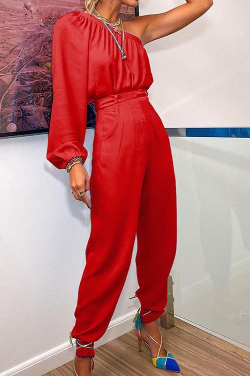 One Shoulder Long Sleeve Blouse Pants Set