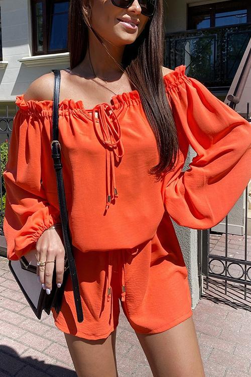 Off Shoulder Puff Long Sleeve Shorts Set