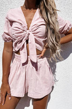 Linen Knot Crop Shorts Set