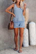 Knit Tassels U Neck Blouse Shorts Set