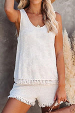 Knit Tassels U Neck Blouse Shorts Set