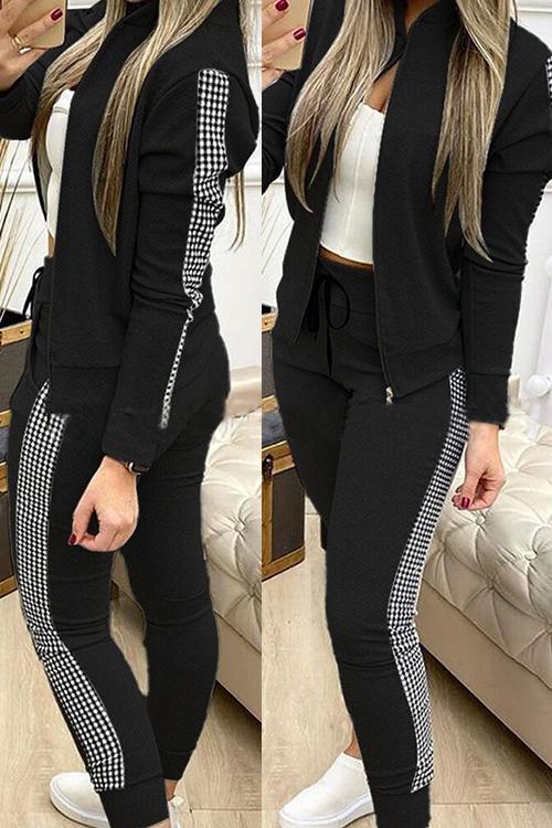 Contrast Plaid Jacket & Drawstring Pants Set