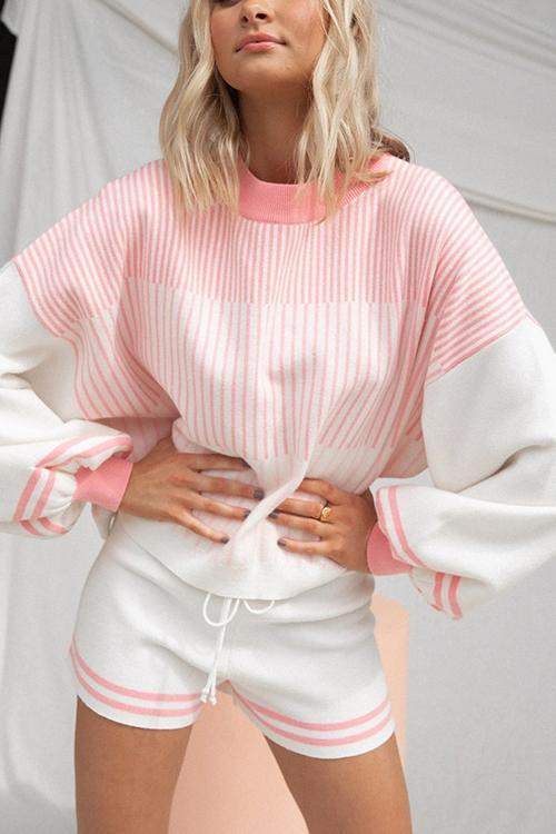 Gradient Stripe Puff Sleeve Sweater Shorts Set